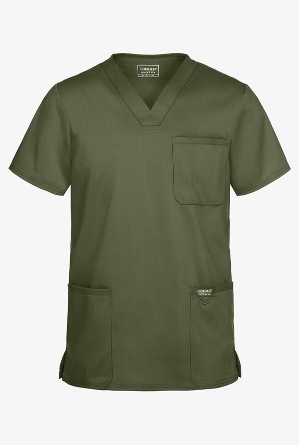 Cherokee Workwear Revolution Men's 3-Pocket STRETCH V-Neck Scrub Top - Olive - 1