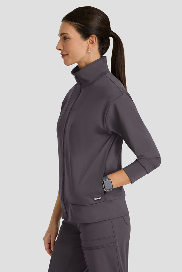 Grey's Anatomy by Barco Knit STRETCH Ease Warm Up Women's 4-Pocket Zip Front Scrub Jacket - Steel Gray - 4