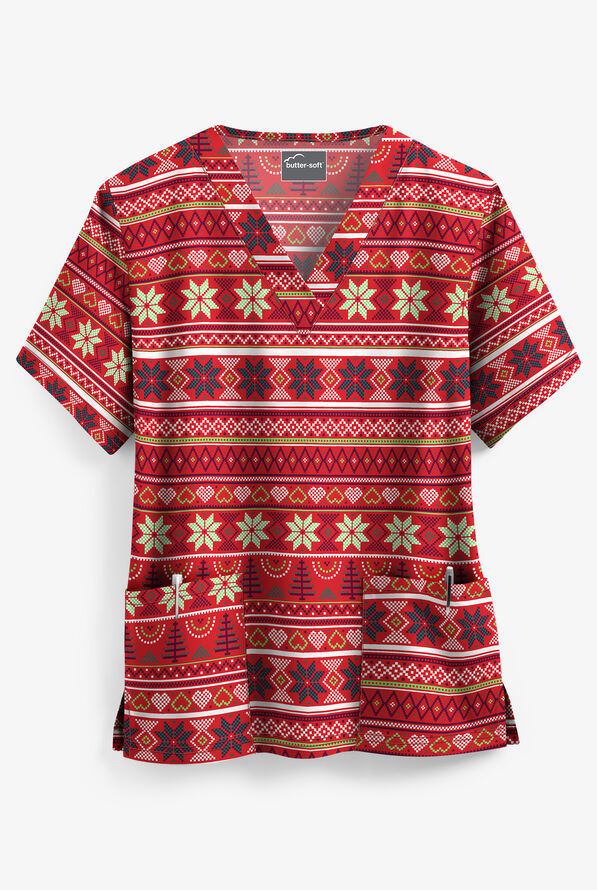 Blusa médica estampada UA Holiday Sweater Red con cuello en V y 2 bolsillos para mujer - null - 1