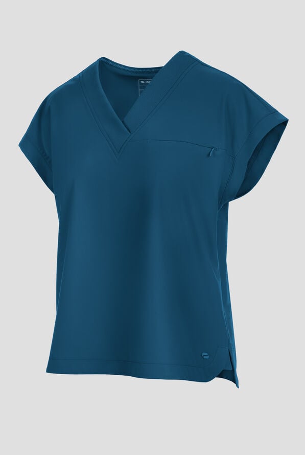Infinity Pursuit Women's 1-Pocket STRETCH Rib-Knit V-Neck Dolman Sleeve Scrub Top - Caribbean Blue - 2