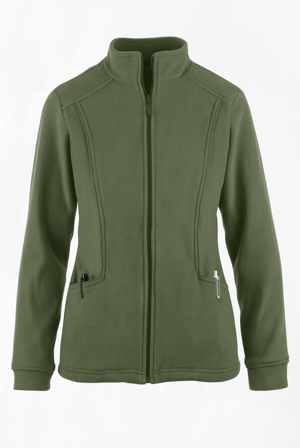 Butter-Soft STRETCH Women's 2-Pocket Zip Front Fleece Scrub Jacket - Light Olive - 1