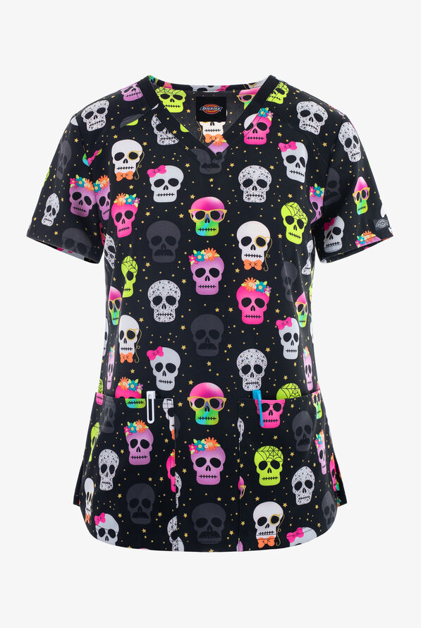 Dickies EDS Squad Ghouls Skulls Women's 2-Pocket STRETCH V-Neck Print Scrub Top - null - 1