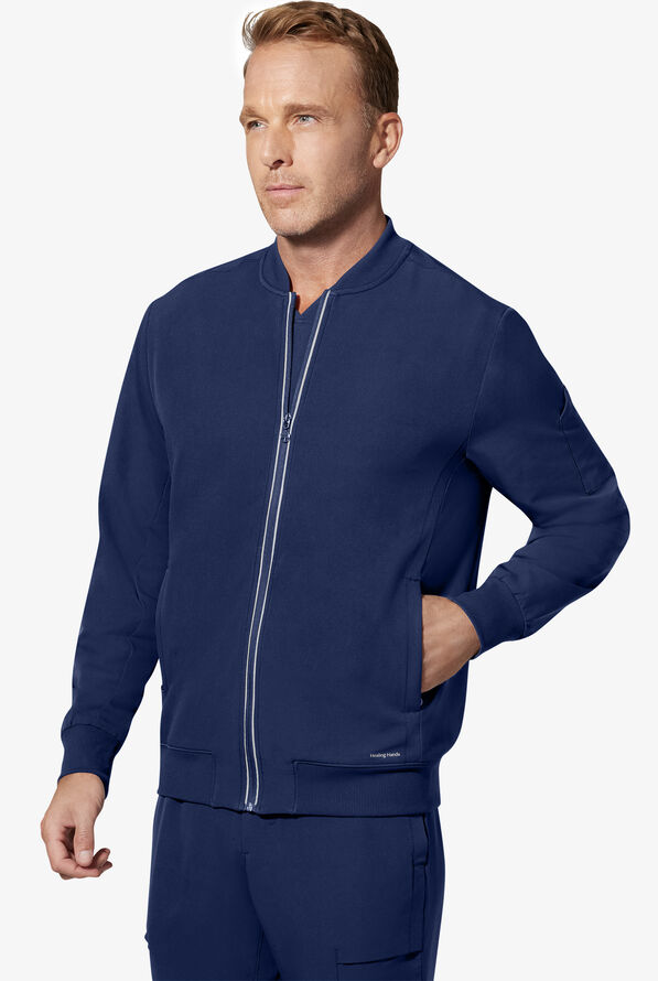 Healing Hands 360 Samuel Men's 6-Pocket STRETCH Zip-Up Bomber Scrub Jacket - Navy - 2