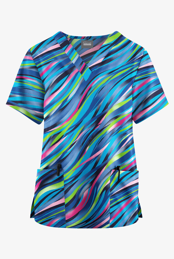 Blusa médica estampada Butter-Soft Originals Color Waves Navy de corte clásico con cuello en V y 2 bolsillos para mujer - null - 1