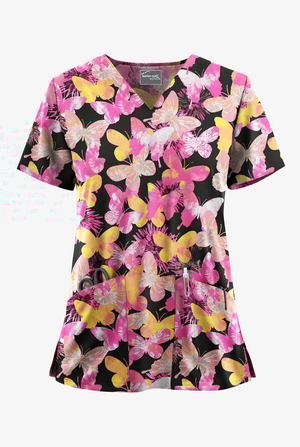 Butter-Soft STRETCH Wings Of Love Black Women's 2-Pocket V-Neck Print Scrub Top - null - 1