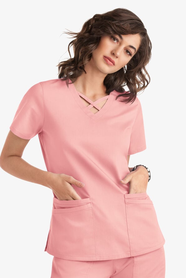Butter-Soft STRETCH Women's 4-Pocket Crisscross Scrub Top - Rose Water - 5