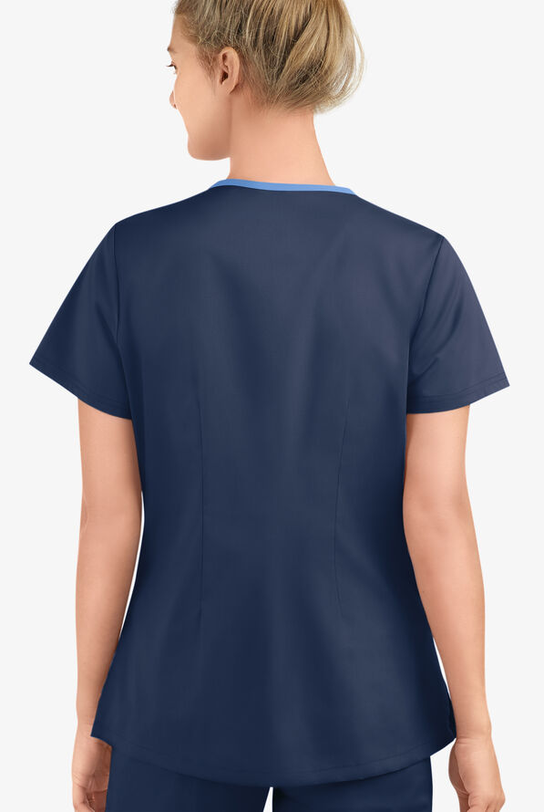 Butter-Soft STRETCH Women's 4-Pocket Active Rounded V-Neck Scrub Top - Navy/Silver/Ceil - 4