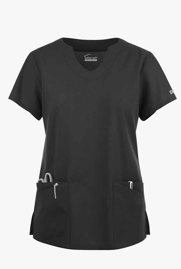 Butter-Soft Originals Women's 6-Pocket Scallop Neck Scrub Top - Black - 1