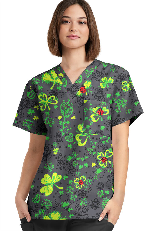Happy Scrubs Ladies & Clovers Pewter Unisex 2-Pocket V-Neck Print Scrub Top - null - 2