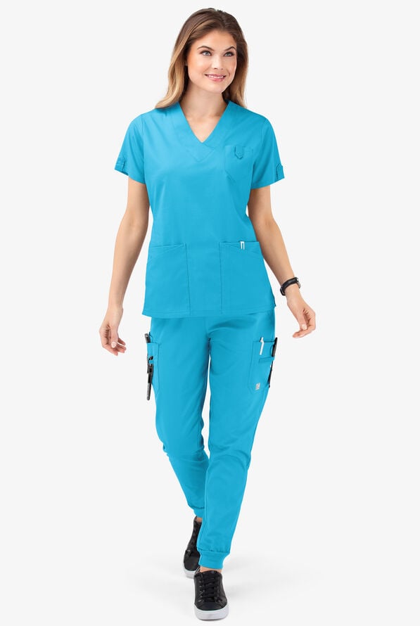 Butter-Soft STRETCH Women's 6-Pocket V-Neck Scrub Top - Turquoise - 2