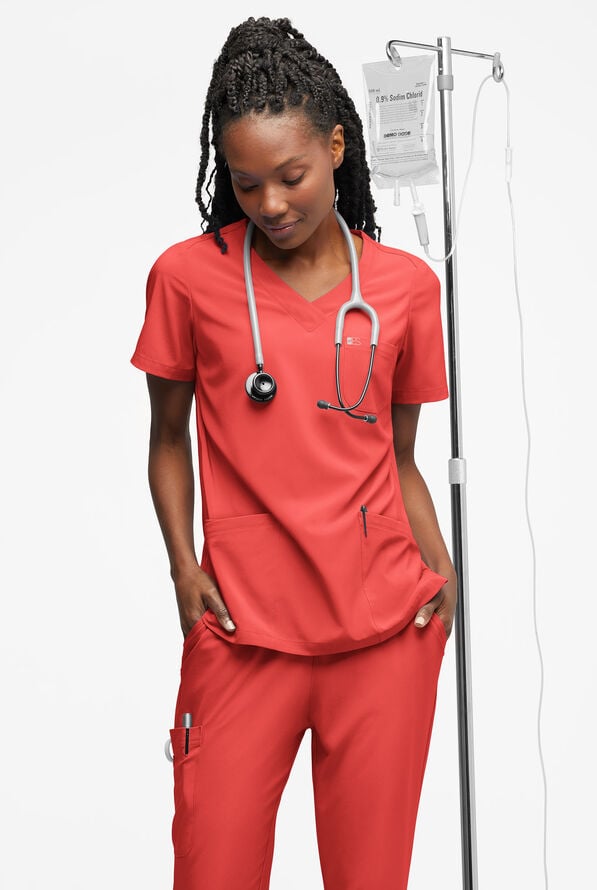 Blusa m&eacute;dica Easy STRETCH Tessa con cuello en V y 5 bolsillos para mujer - Spiced Coral - 4