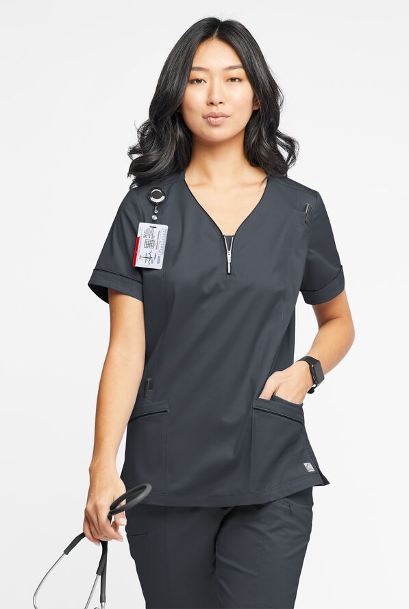 Butter-Soft STRETCH Women's 5-Pocket V-Neck with Front Zipper Scrub Top - Pewter/Black - 2