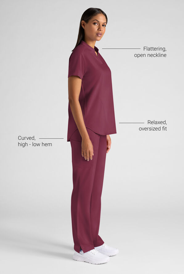 Butter-Soft STRETCH FLXTEK+ Women's 2-Pocket Oversized Henley Scrub Top - Wine - 3