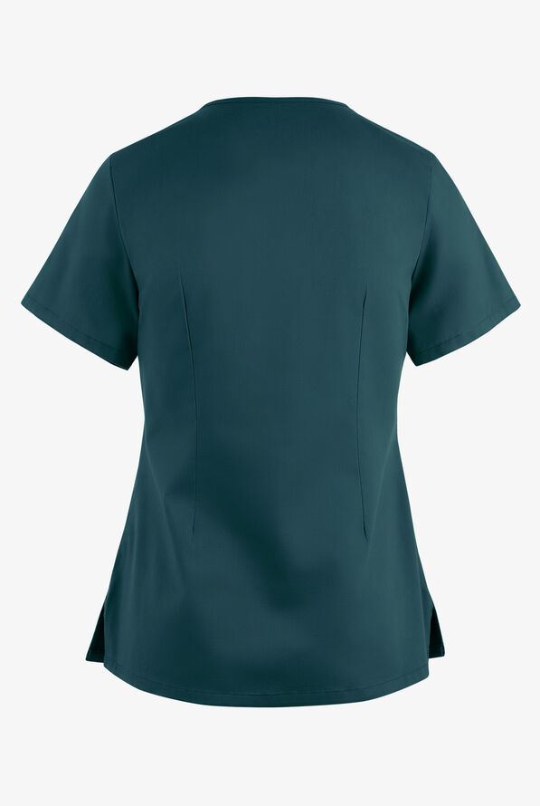Blusa m&eacute;dica UA Butter-Soft STRETCH con lazos entrecruzados y 4 bolsillos para mujer - Caribbean Blue - 4