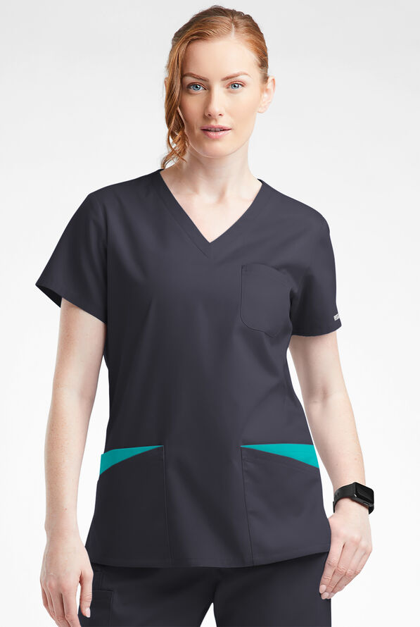 Blusa médica Butter-Soft Originals con cuello en V curvo y 7 bolsillos para mujer - Pewter/Teal - 2