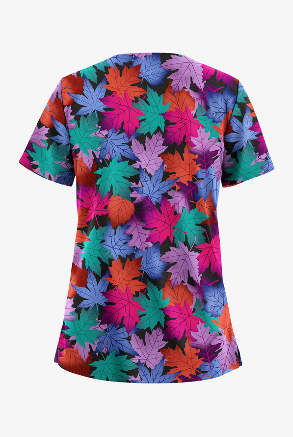 Butter-Soft STRETCH Autumn Foliage Women's 2-Pocket V-Neck Print Scrub Top - null - 2