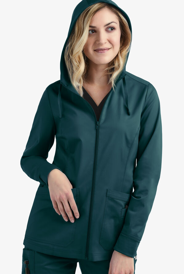 Butter-Soft STRETCH Women's 3-Pocket Zip-Front with Cozy Knit Hood and Trim Scrub Jacket - Caribbean Blue - 3
