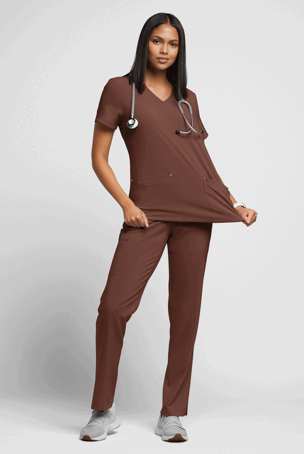 Easy STRETCH Lina Mitered Women's 4-Pocket V-Neck Scrub Top - Double Espresso - 4