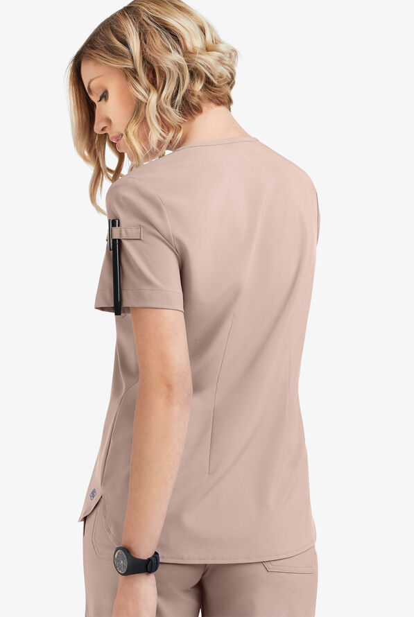 Easy STRETCH Nikki Women's 1-Pocket Scallop Neck Tuck-In Scrub Top - Mocha Meringue - 4