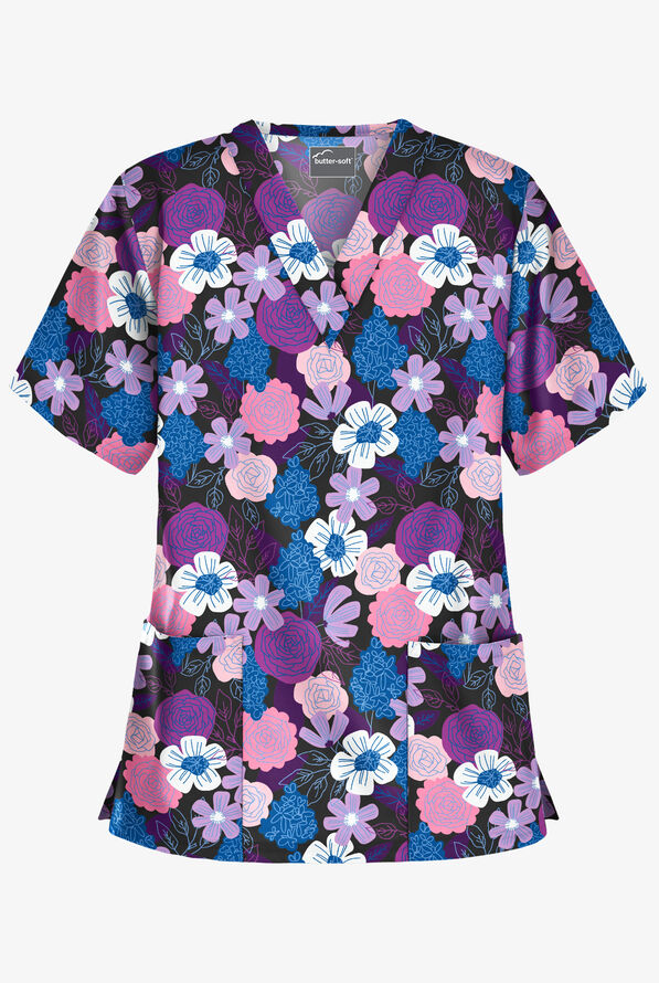 ButterSoft Budapest Floral Black Printed Women's 2Pocket VNeck Scrub Top, Print Scrubs