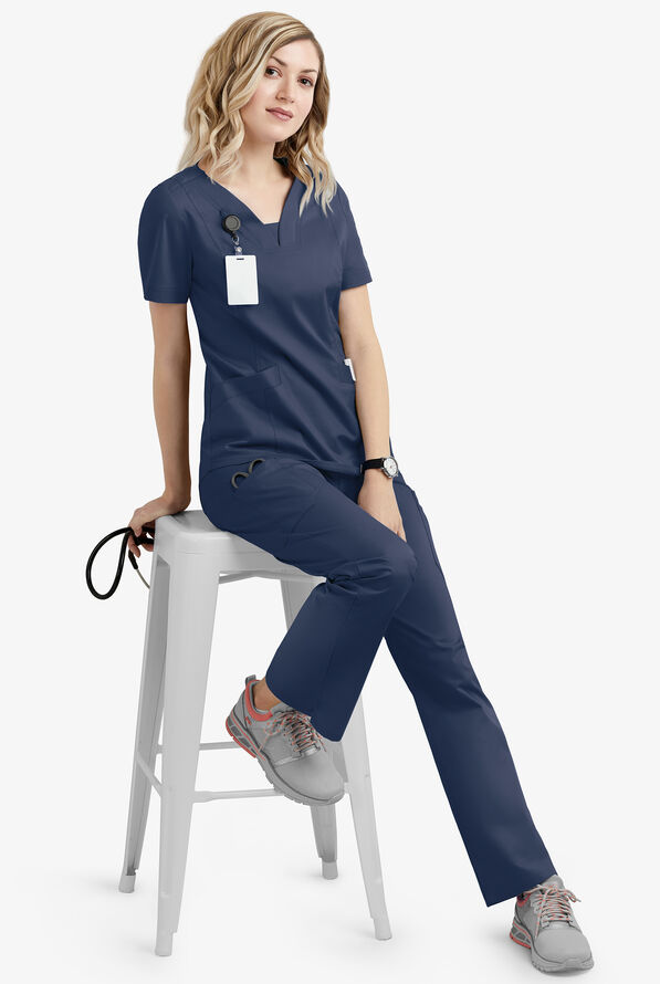 Butter-Soft STRETCH Women's 4-Pocket Feminine Curved V-Neck Scrub Top - Navy - 2