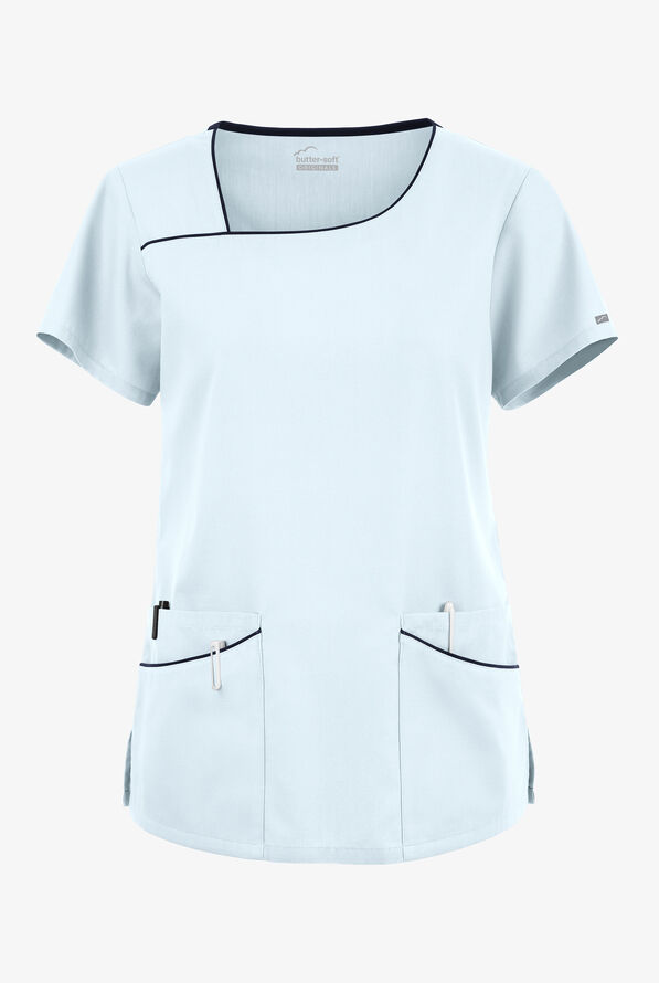 Blusa médica Butter-Soft Originals con cuello asimétrico y 4 bolsillos para mujer - Morning Dew/Navy - 1
