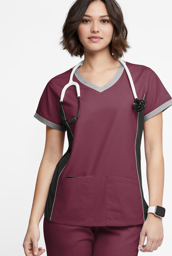 Blusa médica Butter-Soft Originals Tri-Colorblock con cuello en V y 4 bolsillos para mujer - Wine/Black/Silver - 2