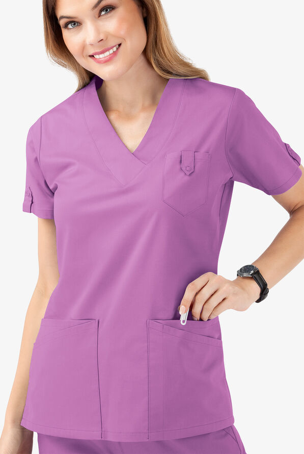 Blusa médica UA Butter-Soft STRETCH con cuello en V y 5 bolsillos para mujer - Orchid - 5