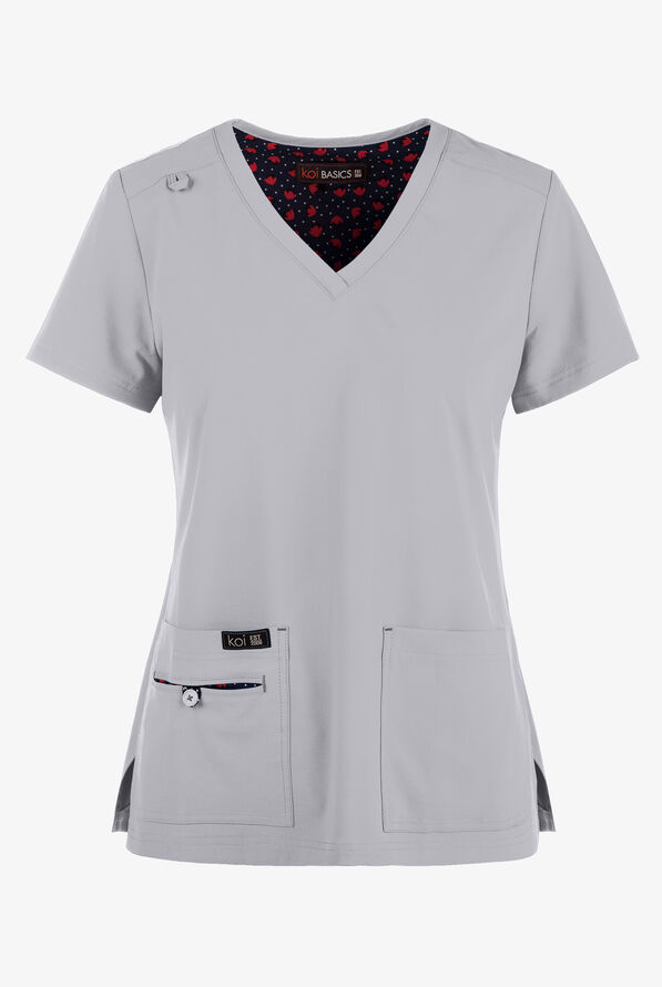 koi Basics Becca Women's 4-Pocket STRETCH V-Neck Scrub Top - Platinum Grey - 1
