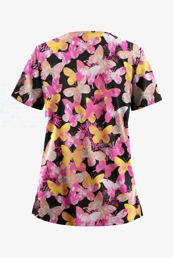 Butter-Soft STRETCH Wings Of Love Black Women's 2-Pocket V-Neck Print Scrub Top - null - 2