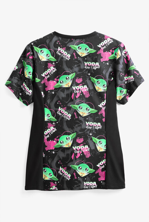 Cherokee Tooniforms Star Wars Yoda One I Want Women's 4-Pocket V-Neck Print Scrub Top - null - 2