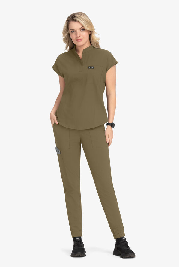 koi Basics Ari Women's 1-Pocket STRETCH Dolman Sleeve Mandarin Collar Scrub Top - Olive - 4