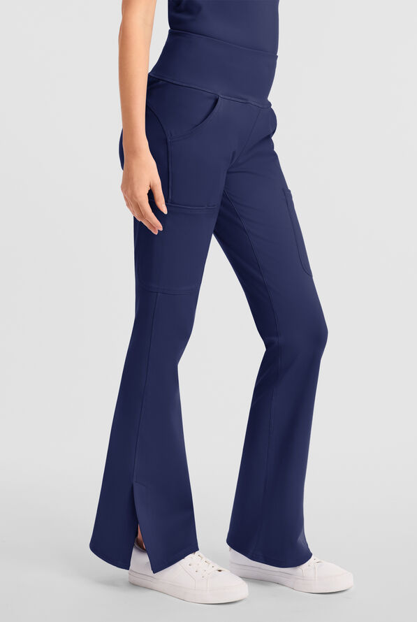 Med Couture Amp Knit Women's 5-Pocket STRETCH High-Rise Yoga Waistband Flare Leg Scrub Pant - Navy - 2