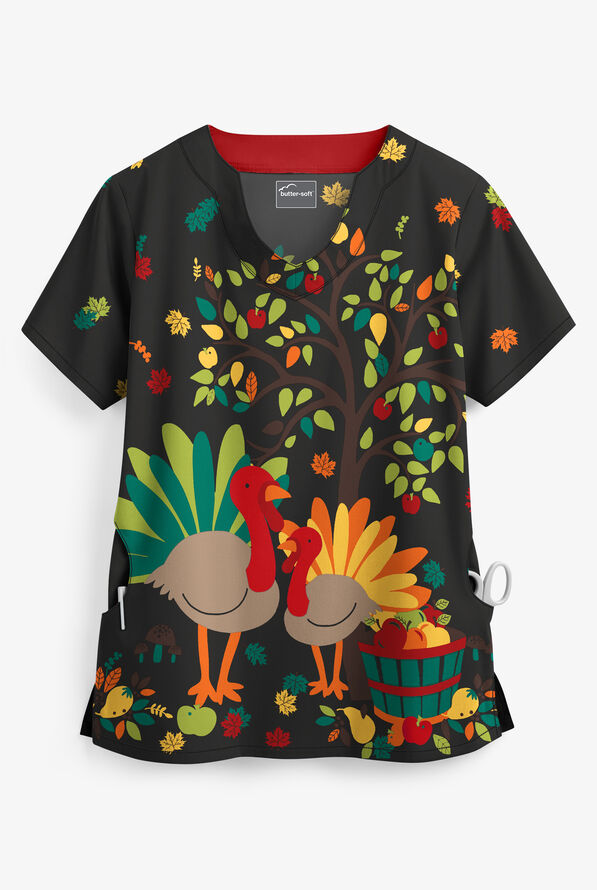 Butter-Soft Forest Turkeys Black Printed Women's 2-Pocket Scallop Neck Scrub Top - null - 1
