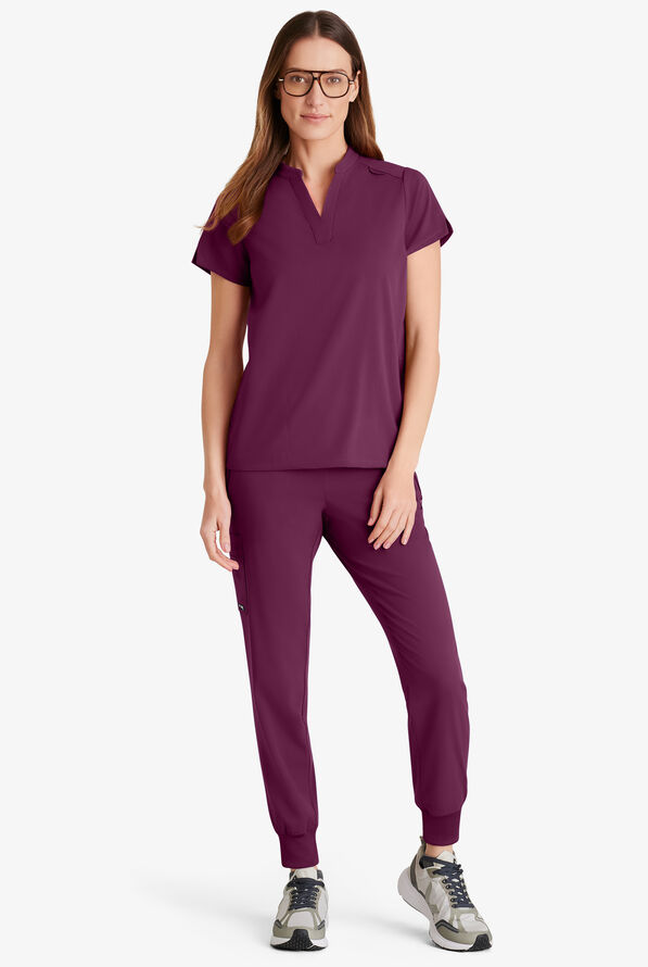 Grey's Anatomy by Barco Spandex STRETCH Avery Women's 2-Pocket Notch Sleeve V-Neck Scrub Top - Wine - 4