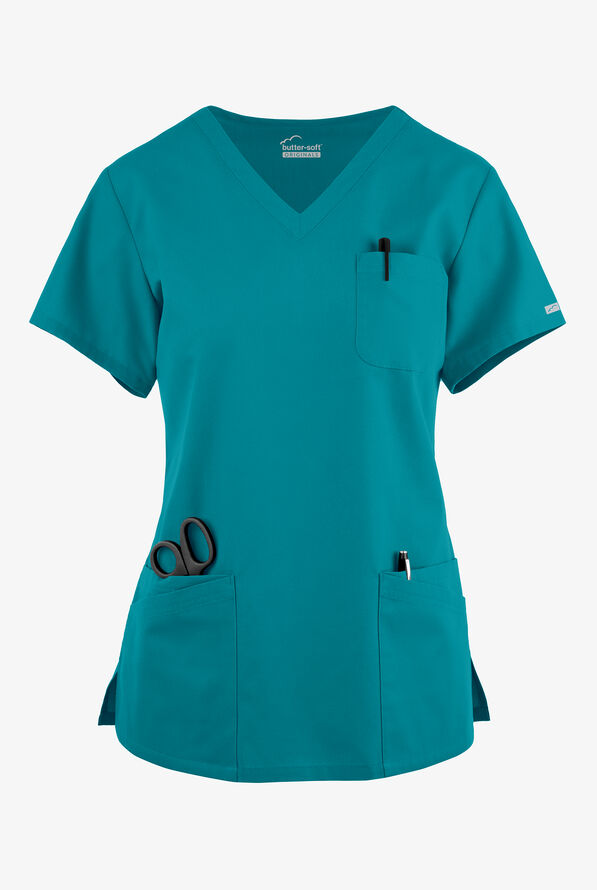 Blusa médica Butter-Soft Originals con cuello en V curvo y 7 bolsillos para mujer - Teal - 1
