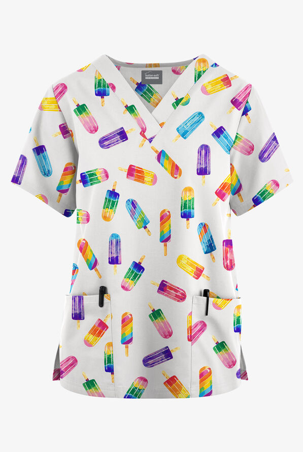 Butter-Soft Originals Rainbow Pops White Women's 2-Pocket V-Neck Print Scrub Top - null - 1