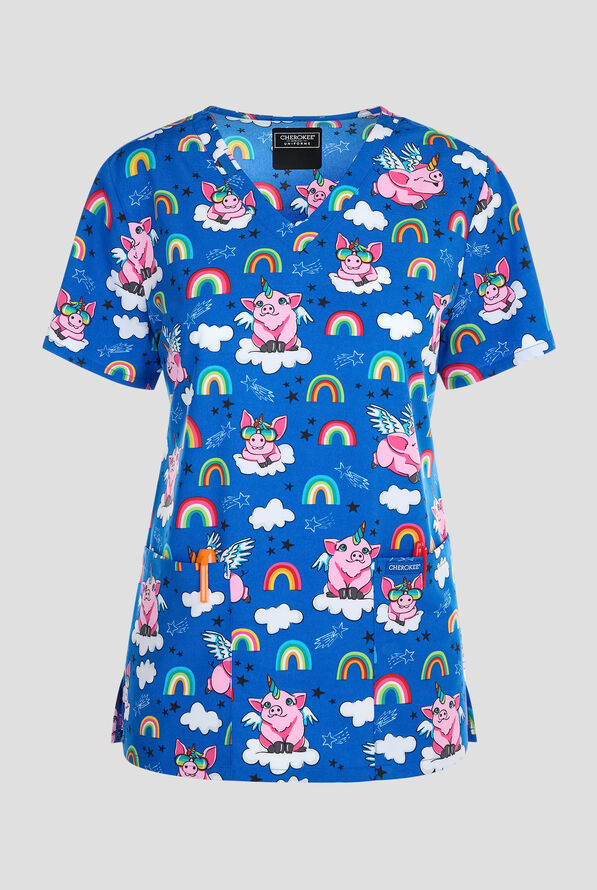 Blusa médica estampada Cherokee Flyin' Magic Pigs STRETCH con cuello en V y 2 bolsillos para mujer - null - 1