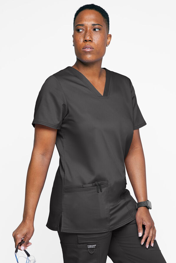 Cherokee Workwear Revolution Women's 3-Pocket STRETCH V-Neck Scrub Top - Pewter - 2