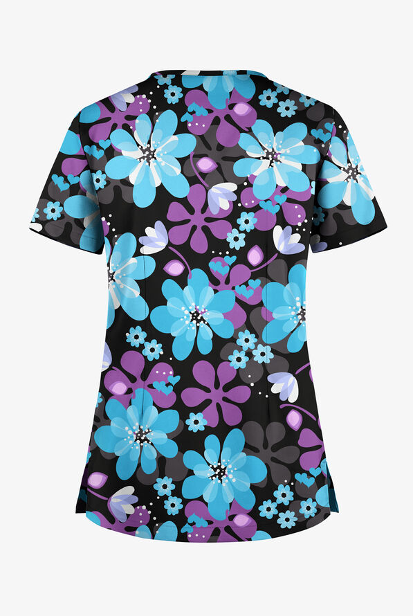 Blusa médica estampada Butter-Soft STRETCH Fantasy Flora Black con cuello en V y 1 bolsillo para mujer - null - 2