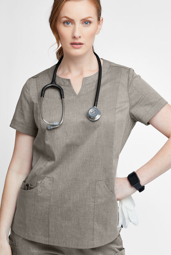 Butter-Soft STRETCH Women's 4-Pocket Notch Neck Scrub Top - Heather Grey - 2