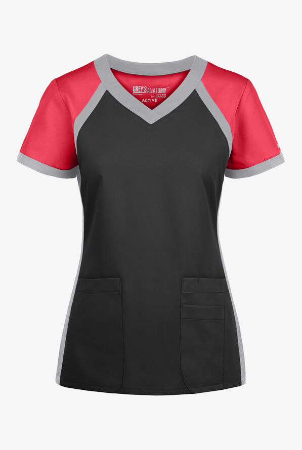 Grey's Anatomy™ by Barco Spandex STRETCH Women's 3-Pocket Color Block V-Neck Scrub Top - Black/Rose/Moonstruck - 1