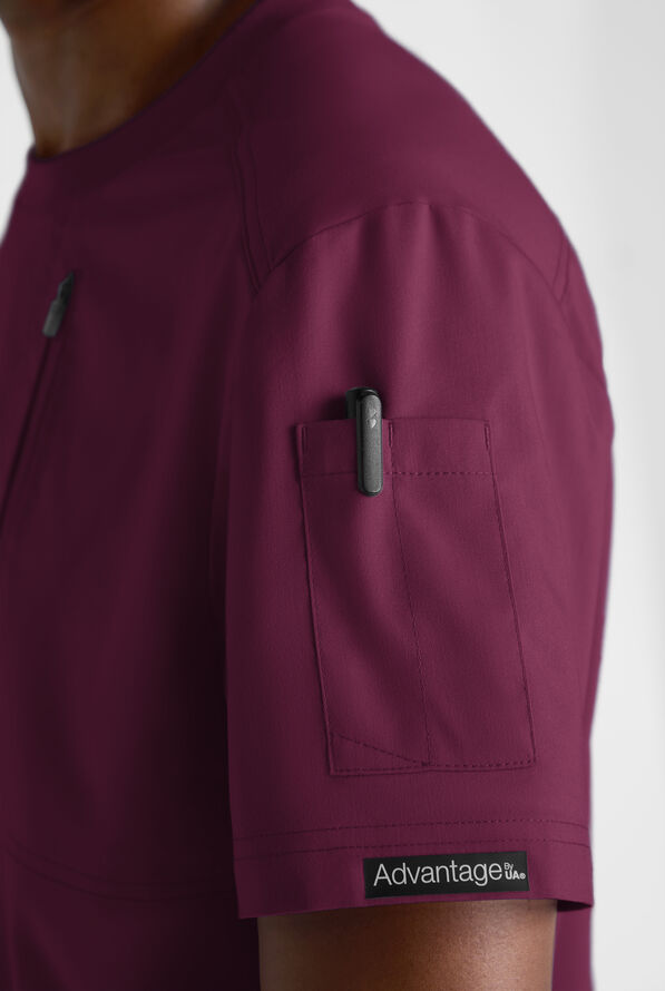 Advantage STRETCH Men's 3-Pocket Crew Neck Scrub Top - Wine - 3