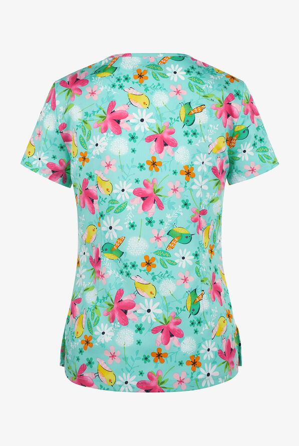 koi Basics Sweety Tweety Floral Women's 2-Pocket STRETCH V-Neck Print Scrub Top - null - 2