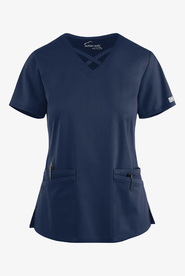 Butter-Soft STRETCH Women's 4-Pocket Crisscross Scrub Top - Navy - 1