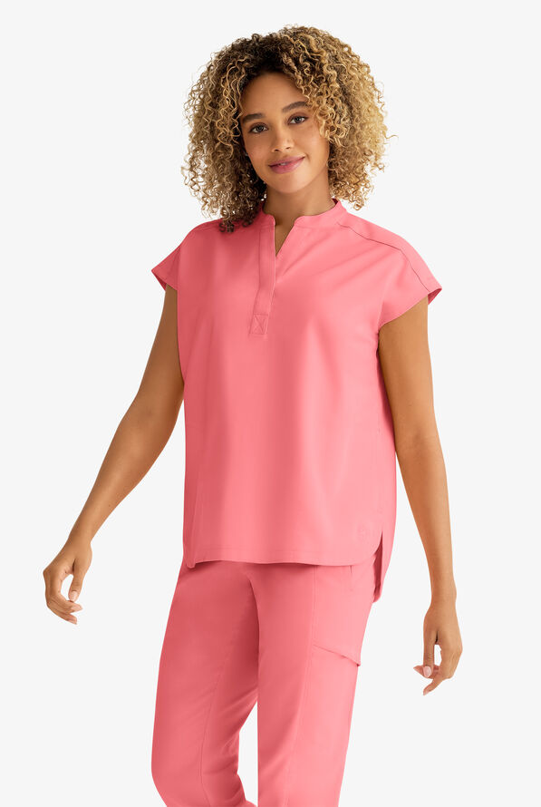 Healing Hands Purple Label Journey Women's 2-Pocket STRETCH Dolman Sleeve Mandarin Collar Scrub Top - Blushing Peach - 3