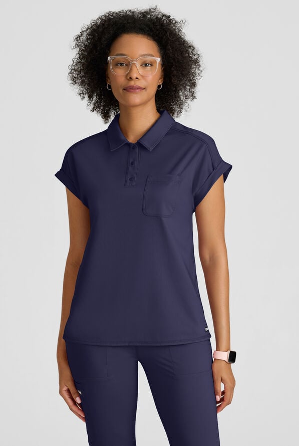 Grey's Anatomy by Barco Knit STRETCH Renew Women's 1-Pocket Dolman Sleeve Polo Scrub Top - Indigo - 2