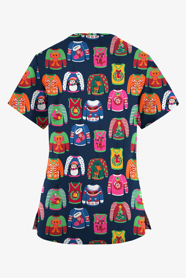 Butter-Soft Originals Christmas Sweaters Navy Women's 4-Pocket Rounded V-Neck Print Scrub Top - null - 2