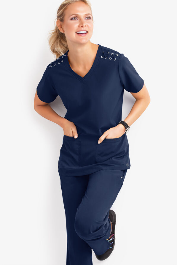 Blusa m&eacute;dica Easy STRETCH Leila con ojales con lazos y 3 bolsillos para mujer - Navy - 2