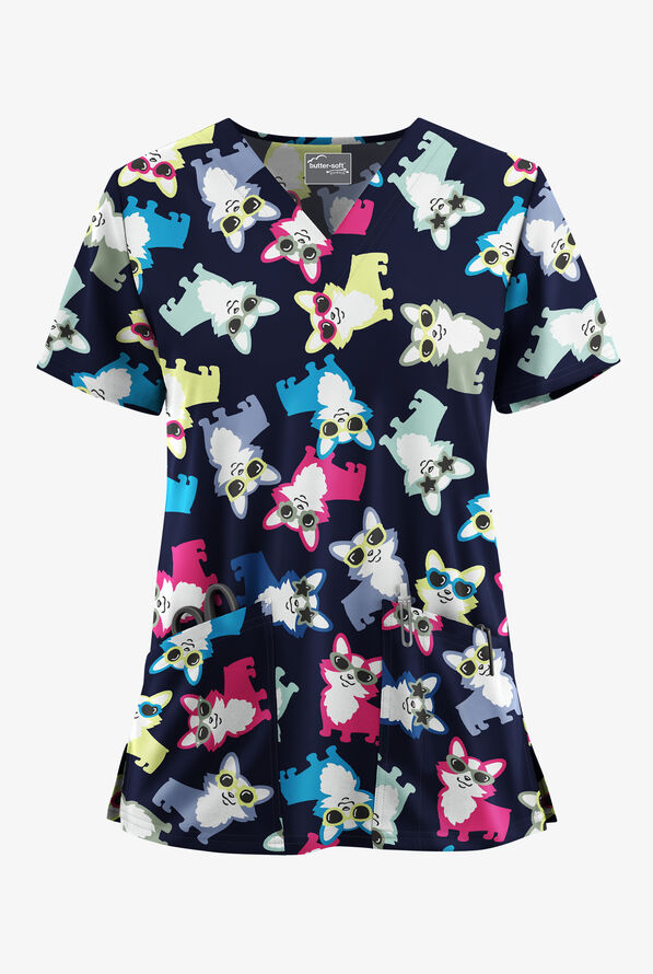 Butter-Soft STRETCH Party Animal Navy Women's 2-Pocket V-Neck Print Scrub Top - null - 1